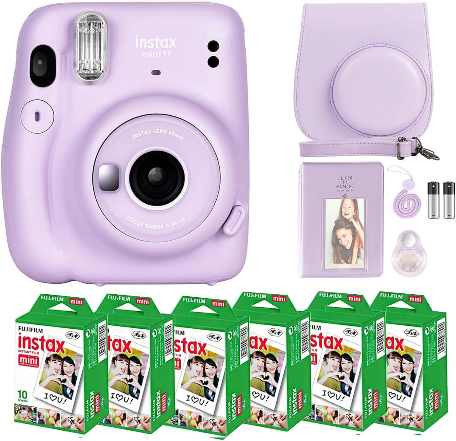 Instax Mini 11 Camera with  Instant Mini Film (60 Sheets) Bundle with Deals Number One Accessories Including Carrying Case, Selfie Lens, Photo Album, Stickers (Lilac Purple)