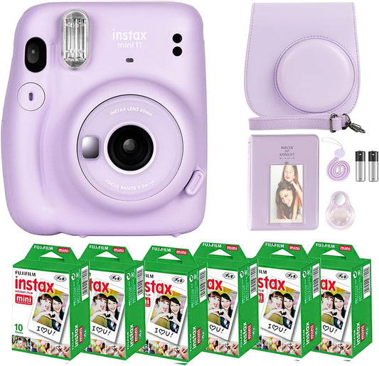 Instax Mini 11 Camera with  Instant Mini Film (60 Sheets) Bundle with Deals Number One Accessories Including Carrying Case, Selfie Lens, Photo Album, Stickers (Lilac Purple)
